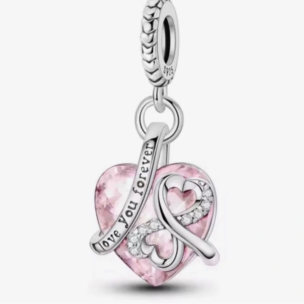 Sterling Silver Pink Heart 'Love You Forever' Charm Pendant